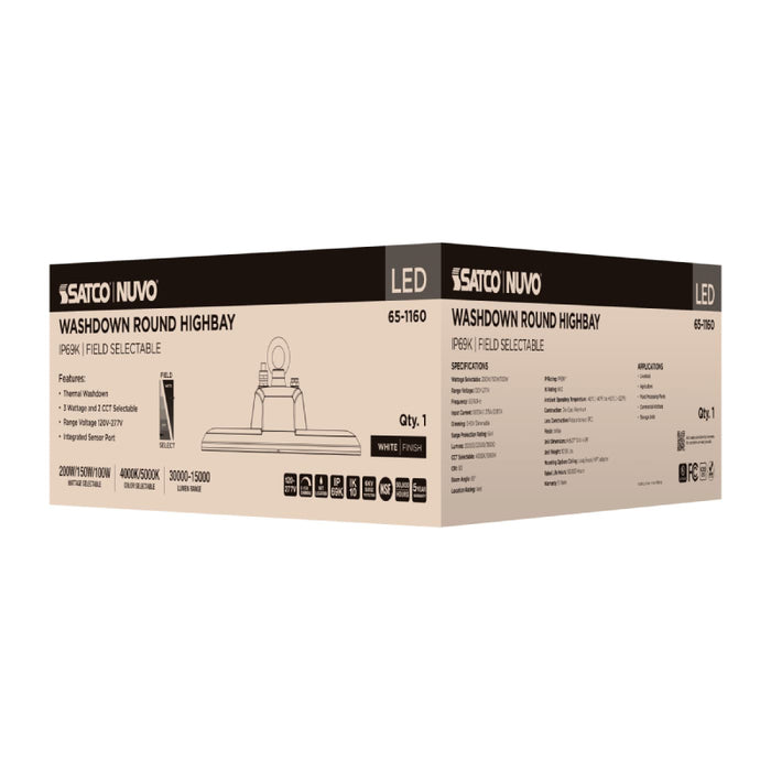 Nuvo 65-1160 100W/150W/200W  LED Washdown Round High Bay, 2CCT & 3 Lumens Selectable, 120-277V