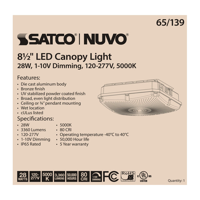 Nuvo 65-139 8.5" 28W LED Canopy Light, 5000K,  3360 Lumens, Bronze, 120-277V