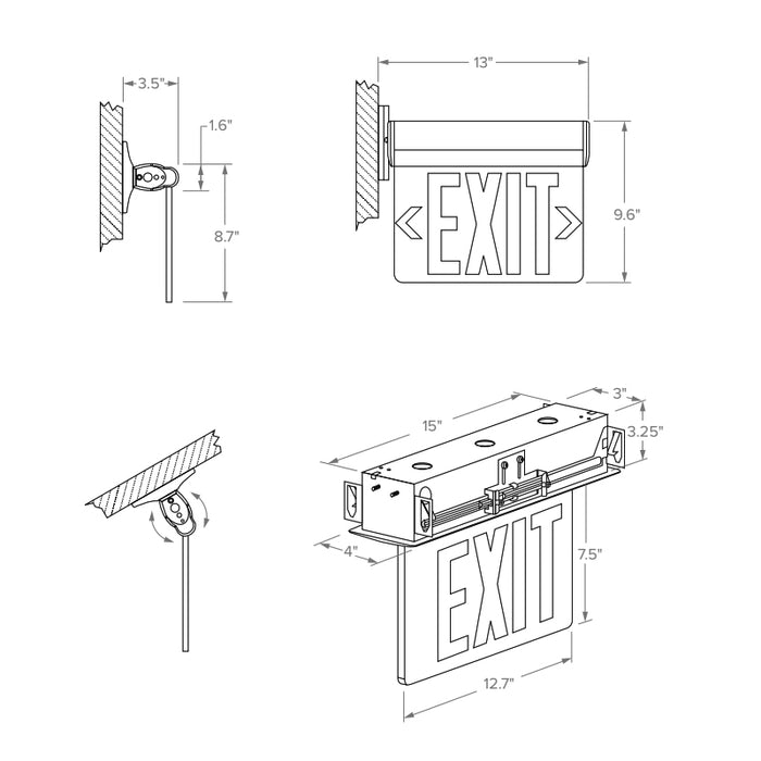 Compass CELS2GN Edge-Lit LED Exit Sign, Surface Mount, Double Face, Green Letters, Brushed Aluminum, AC Only