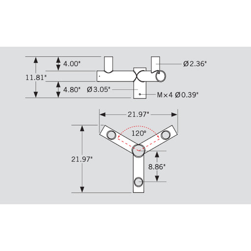 Keystone KT-BH-SF-T120 Pole Mount Triple Bullhorn Tenon, 120 Deg