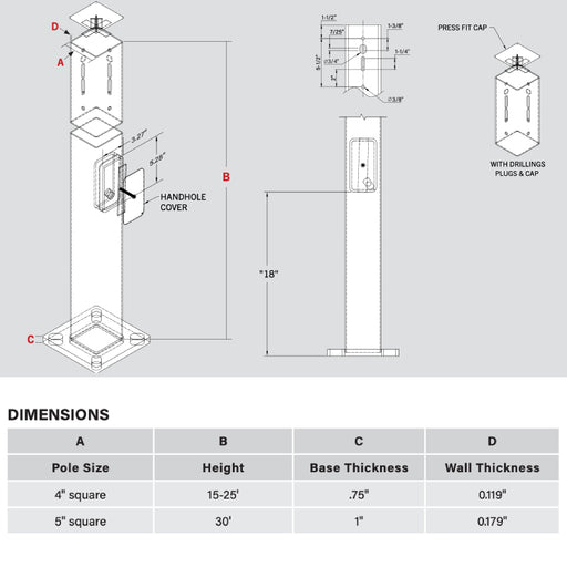 Keystone KT-SP 20-ft Square Pole, 4" Square, 11GA - 0.119" Wall Thickness