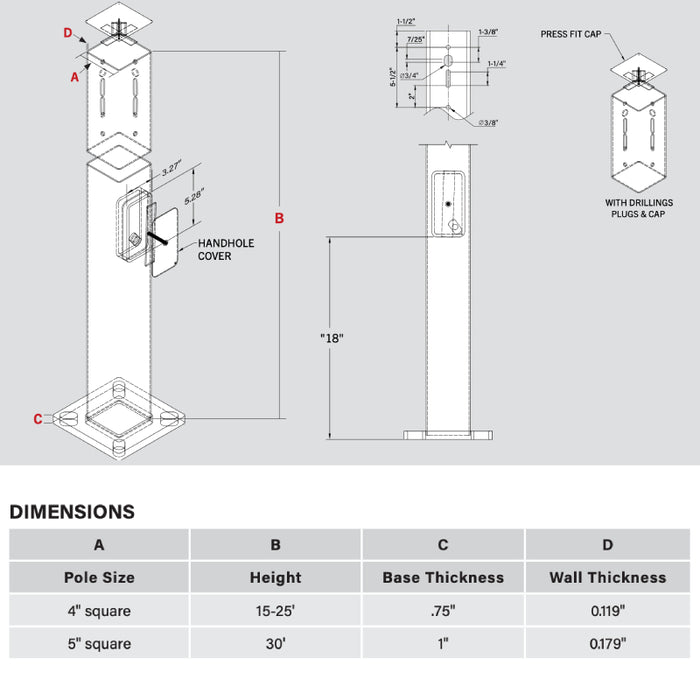 Keystone KT-SP 30-ft Square Pole, 5" Square, 7GA - 0.179" Wall Thickness