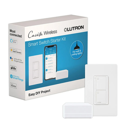 Lutron P-BDG-PKG1WS Caseta Wireless Smart Switch Starter Kit with Smart Hub, White Finish