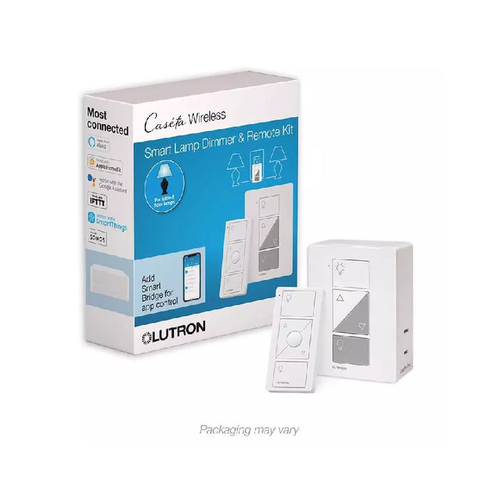 Lutron P-PKG1P Caseta Smart Lamp Tap Dimmer and Remote Kit, 100W Single-Pole, for Table Lamps, White