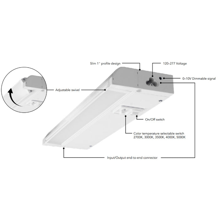 Rayon RULC12 12" 6W LED Adjustable Under Cabinet, 5CCT Selectable, 120-277V