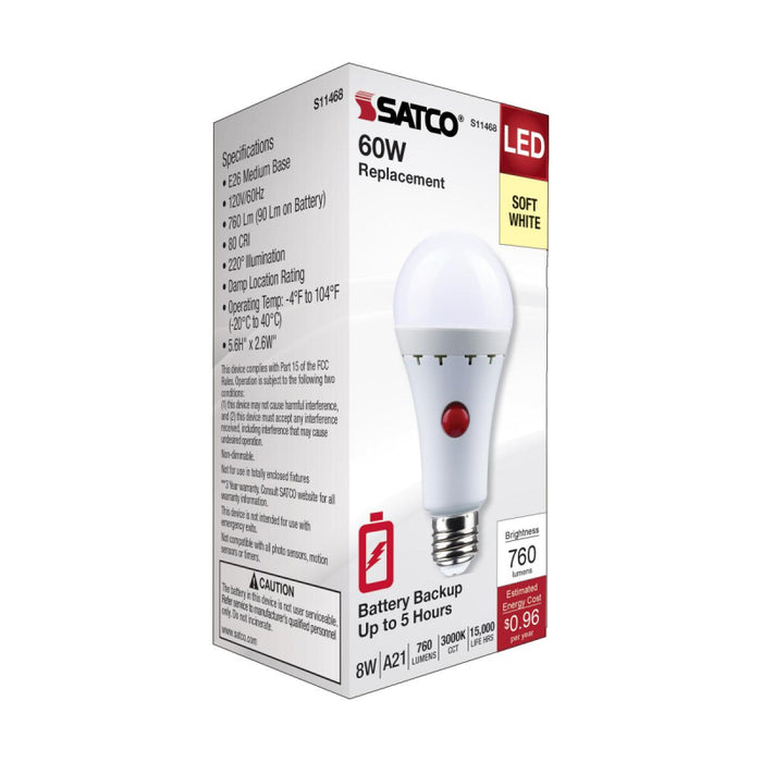 Satco S11468 8W A21 LED Battery Backup, 3000K, E26 Base