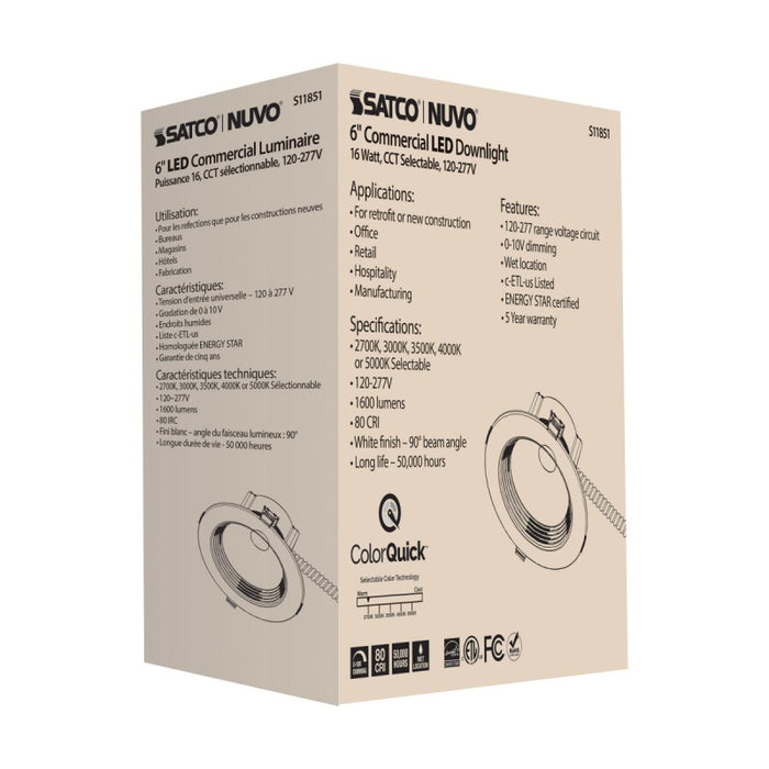 Satco S11851 6" 15W Commercial LED Downlight, CCT Selectable