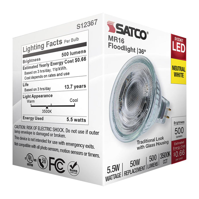 Satco S12367 5.5W MR16 LED Bulb, GU5.3 Base, 3500K