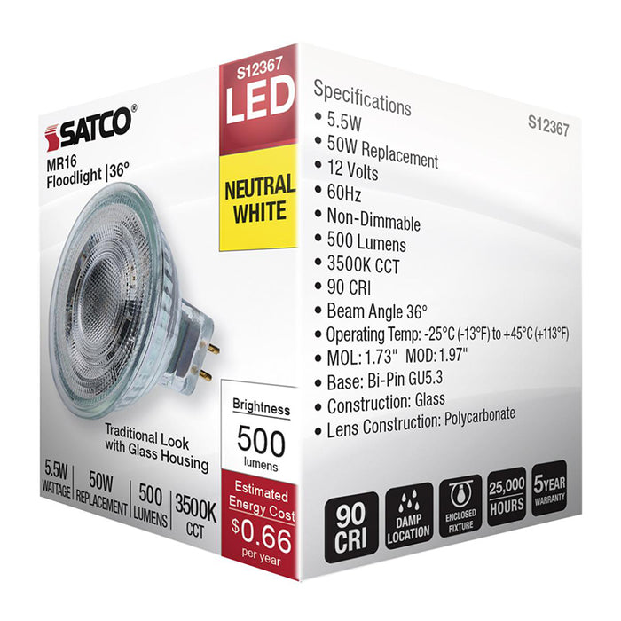 Satco S12367 5.5W MR16 LED Bulb, GU5.3 Base, 3500K