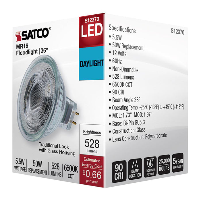 Satco S12370 5.5W MR16 LED Floodlight, GU5.3 Base, 6500K