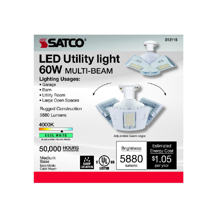 Satco S13118 60W LED Utility Light, Corncob; 4000K; Medium Base; 100-277V; Adjustable Beam Angle