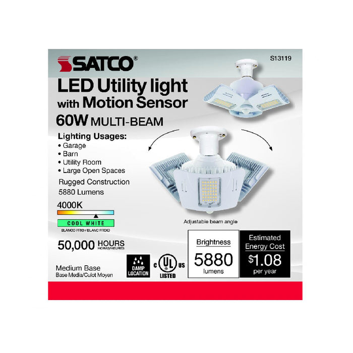 Satco S13119 60W LED Utility Light, Corncob; 4000K; Medium Base; 100-277V; Adjustable Beam Angle; Clear