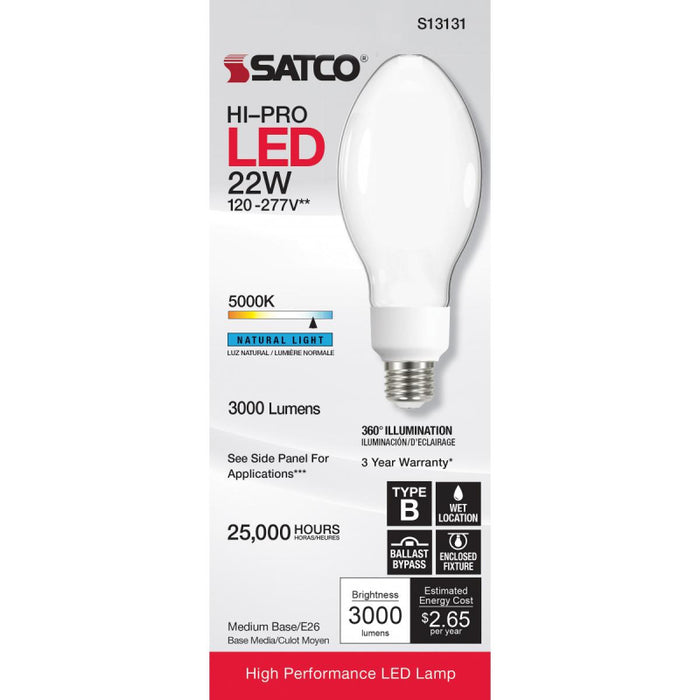 Satco S13131 22W LED HID Replacement, ED23; 5000K; Medium Base; 120-277V; Type B