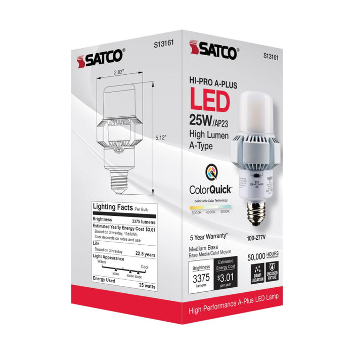 Satco S13161 25W A-Plus LED Bulb; AP23; 3CCT Selectable; Medium Base; 120-277V; Type B