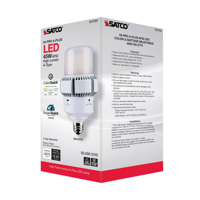 Satco S13164 45W/22W A-Plus LED Bulb; AP23; 3CCT Selectable; Medium Base; 120-277V; Type B