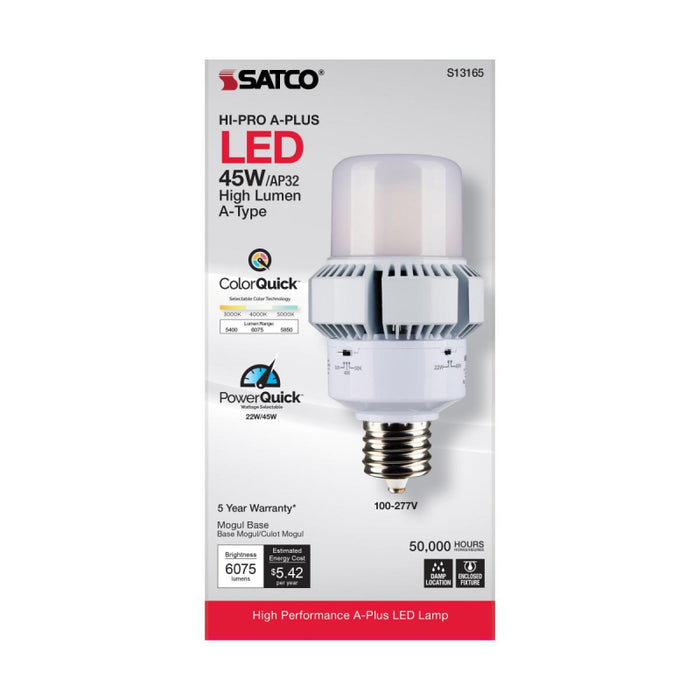 Satco S13165 45W/22W A-Plus LED Bulb; AP32; 3CCT Selectable; Mogul Extended Base; 120-277V; Type B