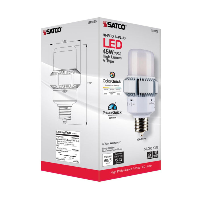Satco S13165 45W/22W A-Plus LED Bulb; AP32; 3CCT Selectable; Mogul Extended Base; 120-277V; Type B