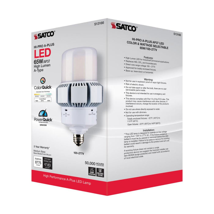 Satco S13166 65W/32W A-Plus LED Bulb; AP37; 3CCT Selectable; Medium Base; 120-277V; Type B