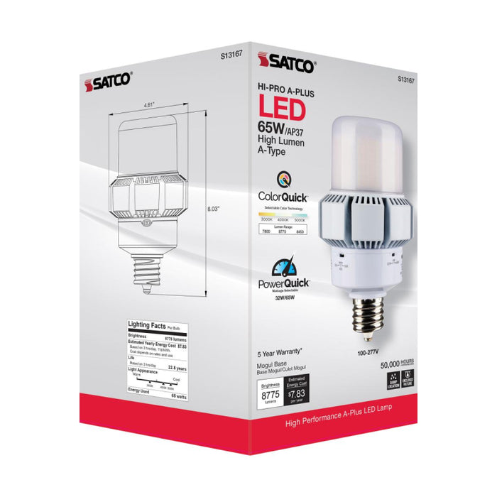 Satco S13167 65W/32W A-Plus LED Bulb; AP37; 3CCT Selectable; Mogul Extended Base; 120-277V; Type B