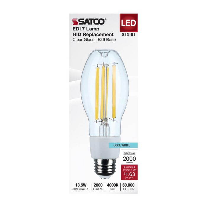 Satco S13181 13.5W LED HID, ED17, 4000K, E26 Base, 120-277V, Type-B