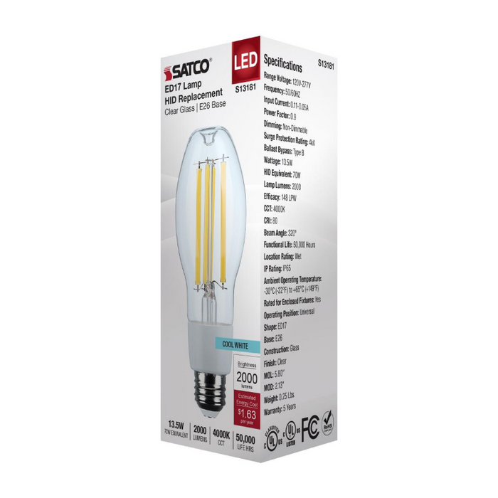 Satco S13181 13.5W LED HID, ED17, 4000K, E26 Base, 120-277V, Type-B