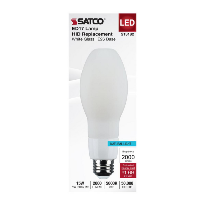 Satco S13182 15W LED HID, ED17, 5000K, E26 Base, 120-277V, Type-B