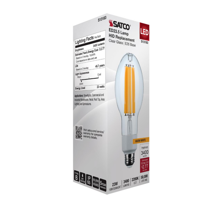 Satco S13183 23W LED HID, ED23.5, 2200K, E26 Base, 120-277V, Type-B