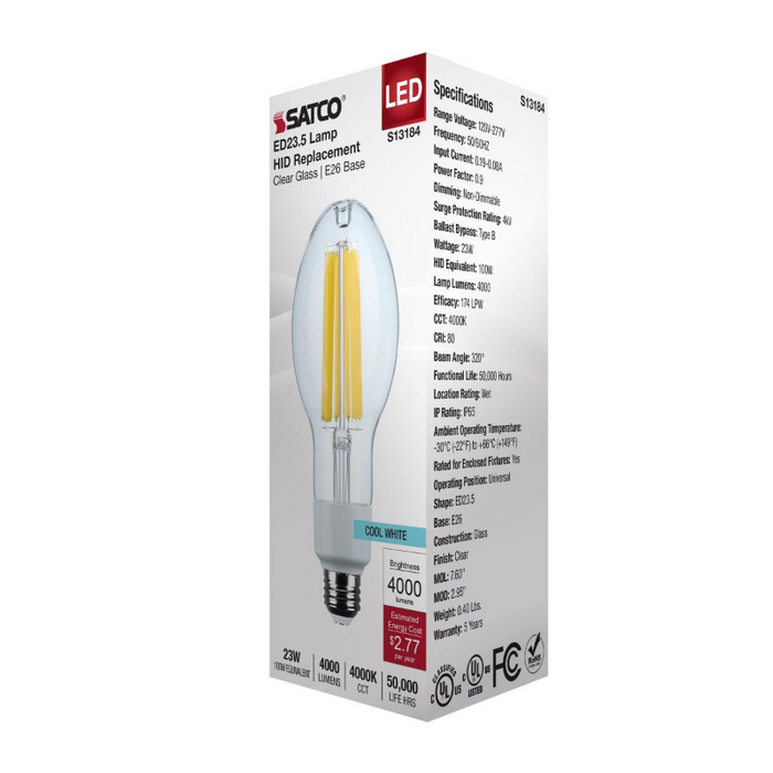 Satco S13184 23W LED HID, ED23.5, 4000K, E26 Base, 120-277V, Type-B