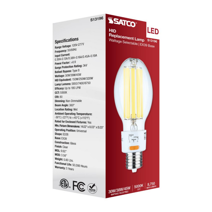 Satco S13196 30W/38W/45W LED HID, ED28, 5000K, EX39 Base, 120-277V, Type-B
