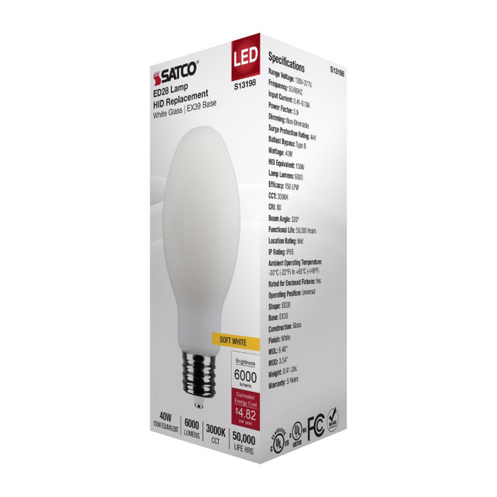Satco S13198 40W LED HID, ED28, 3000K, EX39 Base, 120-277V, Type-B