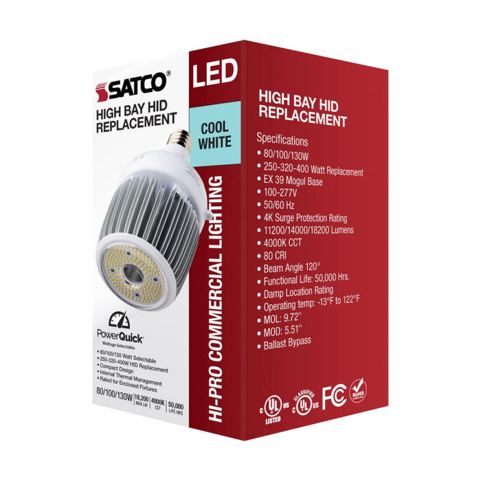 Satco S33114 80W/100W/130W LED HID, Hi-Bay, 4000K, EX39 Base, 120-277V, Type B