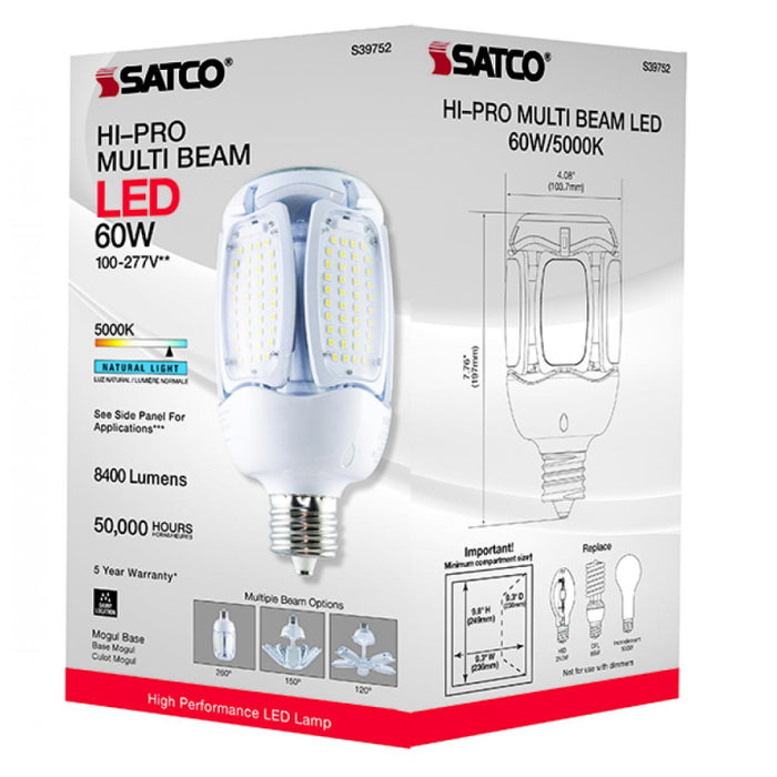 Satco S39752 60W LED HID Replacement, Corncob; 5000K; Mogul Extended Base; 120-277V; Type B; Adjustable Beam