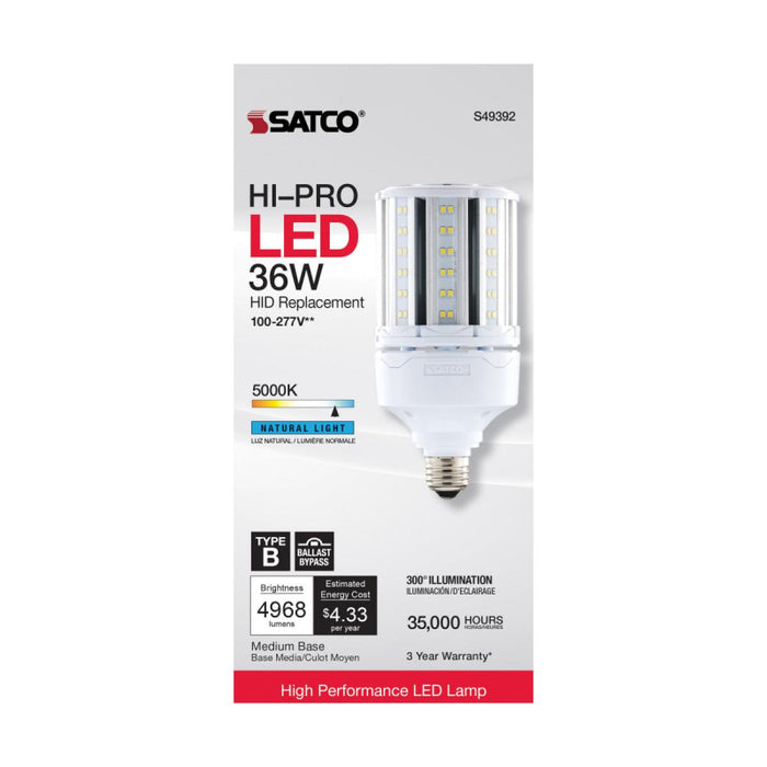 Satco S49392 36W LED HID Replacement; 5000K; Medium base; 100-277V, Type B; Economy Hi-Pro