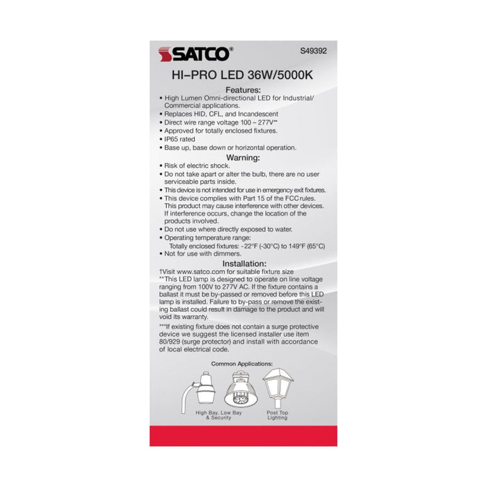 Satco S49392 36W LED HID Replacement; 5000K; Medium base; 100-277V, Type B; Economy Hi-Pro