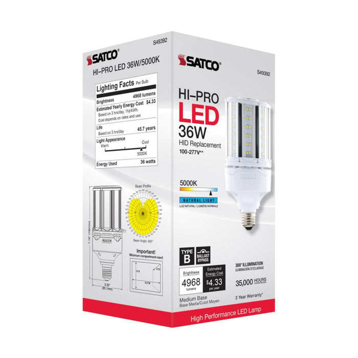 Satco S49392 36W LED HID Replacement; 5000K; Medium base; 100-277V, Type B; Economy Hi-Pro
