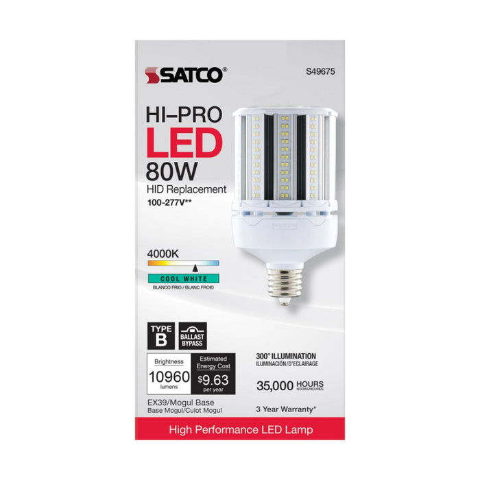 Satco S49675 80W LED HID Replacement; 4000K; Extended Mogul base; 120-277V, Type B; Economy Hi-Pro