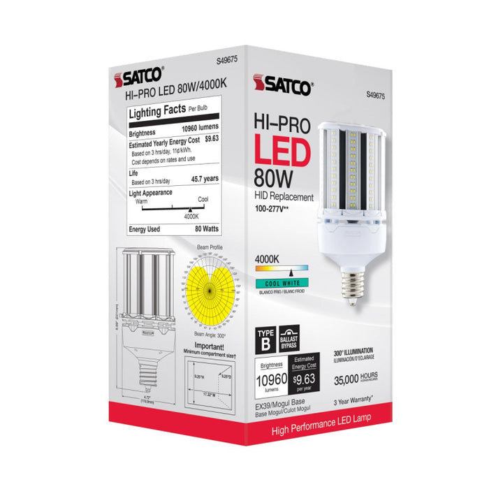 Satco S49675 80W LED HID Replacement; 4000K; Extended Mogul base; 120-277V, Type B; Economy Hi-Pro