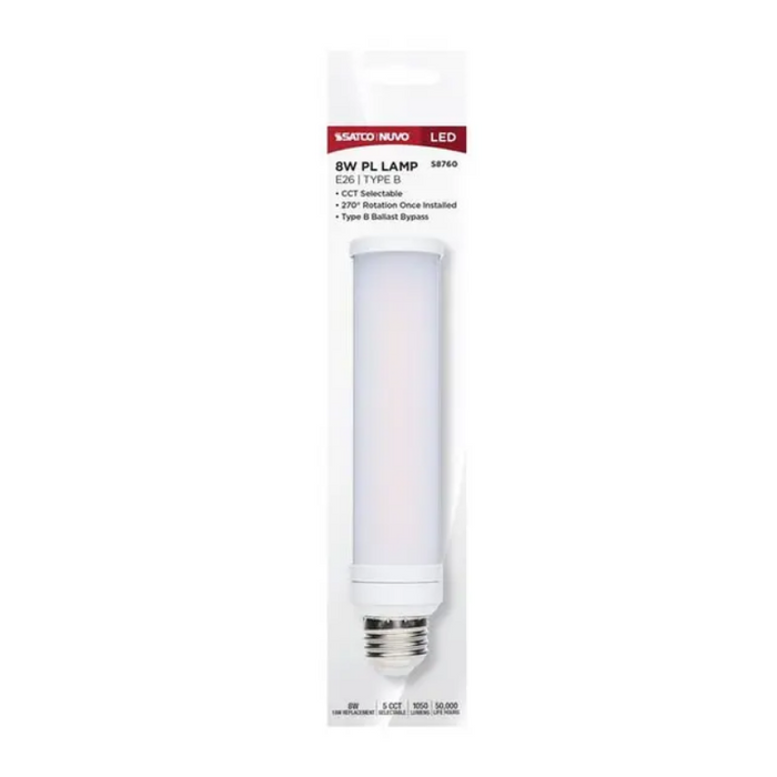 Satco S8760 8W PL LED Bulb, 5CCT Selectable, Medium Base, 120-277V, Type B