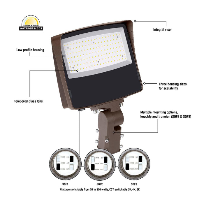 EXO SGF1 Sling 20W/40W/60W LED Flood Light, 3CCT Selectable, 120-347V, Knuckle Mount