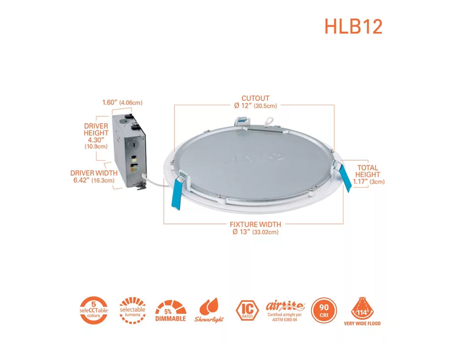 Halo HLB 12" 31W Slim Low-Glare Canless LED Lens Downlight 1300/1900/2300 lm, 27/30/35/40/5000K Selectable, 120-277V, Matte White
