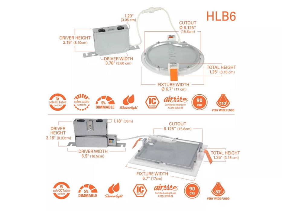 Halo HLB 6" Round Slim Low Glare Canless LED Downlight, 800/1000/1200 Lumens selectable, 2700K-5000K Selectable, Matte White, 120V