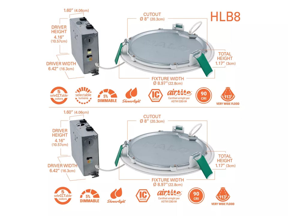 Halo HLB 8" 20W Slim Low Glare Canless LED Lens Downlight, 1600 Lumens, 2700K-5000K 5CCT Selectable, 120V Matte White