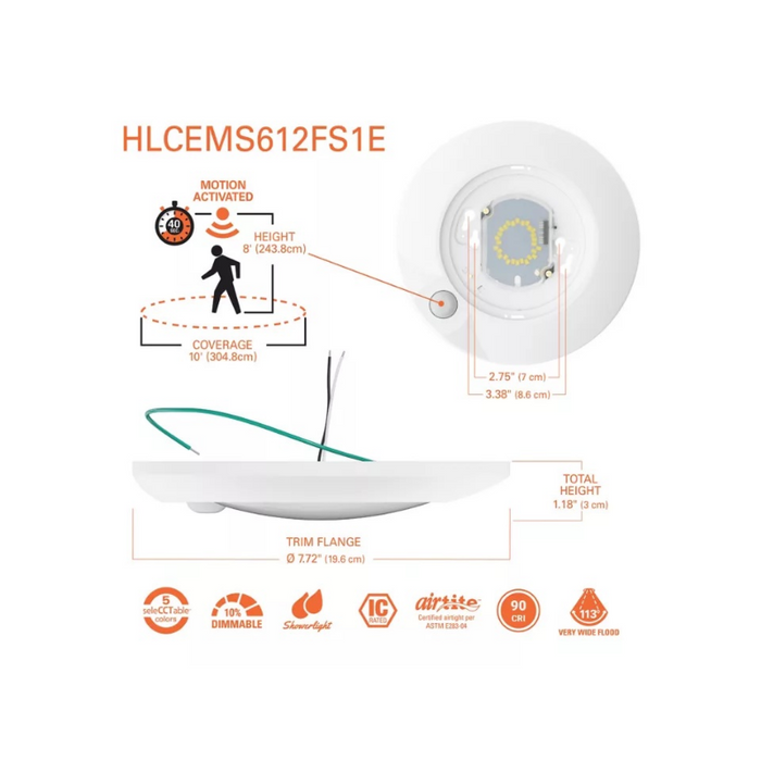 Halo HLCEMS 6" Surface Mount LED Disk Light with Integrated Motion Sensor, 5CCT Selectable, 120V, Matte White