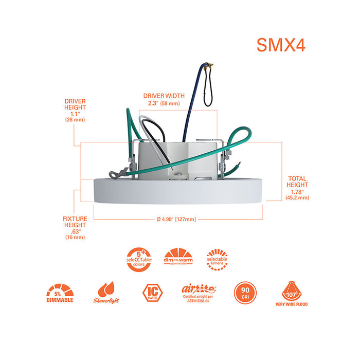 Halo SMX4RLSFSD2W 4" Round Surface Mount LED Downlight, 5CCT Selectable & Dim to Warm, 3 Lumens Selectable, 120V, Matte White