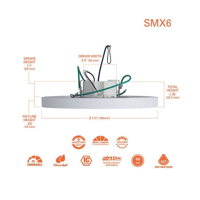 Halo SMX6RLSFSD2W 6" Round Surface Mount LED Downlight, 5CCT Selectable & Dim to Warm, 3 Lumens Selectable, 120V, Matte White