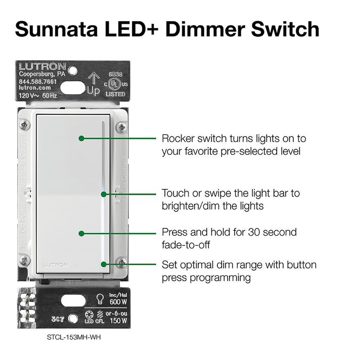 Lutron STCL-153M Sunnata Touch 150W, LED/ Incandescent Dimmer, 3 Way or Multi Location