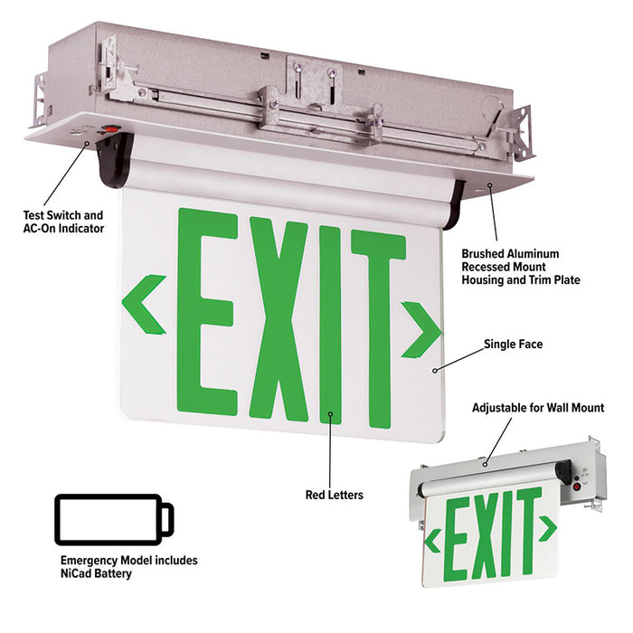 Compass CEL Series Edge-Lit LED Recessed Exit Sign with Battery - Single Face, Green Letters