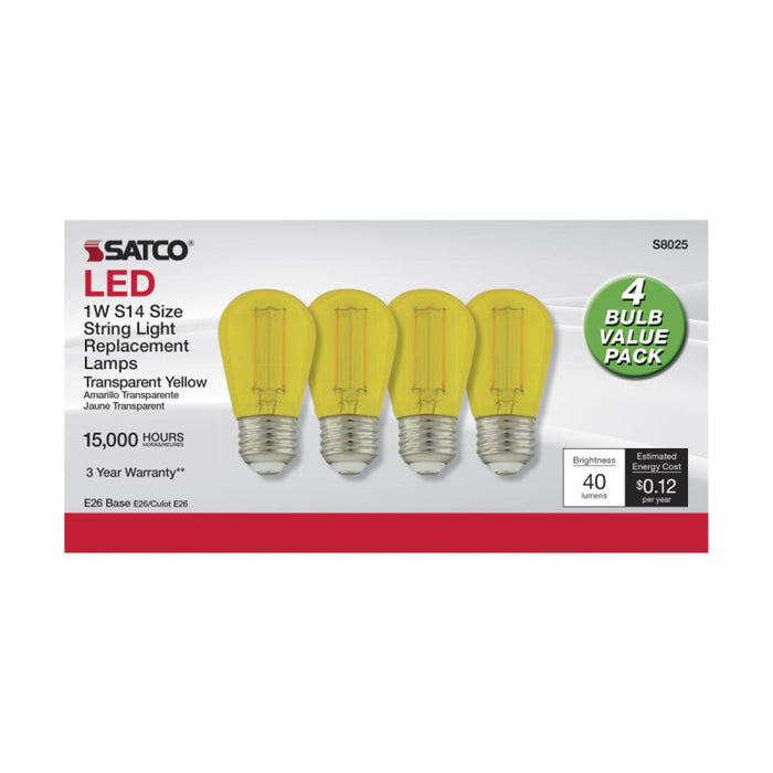 Satco S8025 1W S14 LED Filament Bulb, E26 Base, Yellow (Pack of 4)