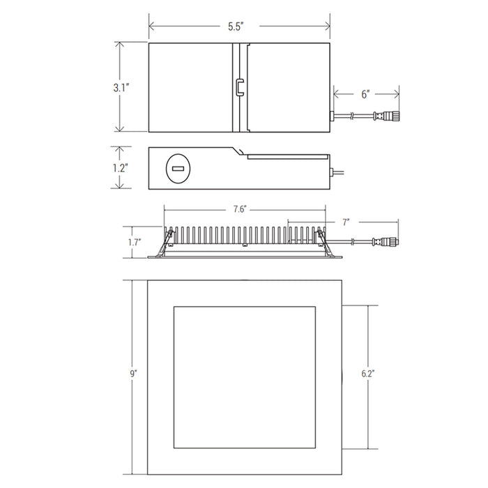 Elite RL876 8" Canless LED Square Slim Downlight, CCT Selectable,1400 Lumens, 120V